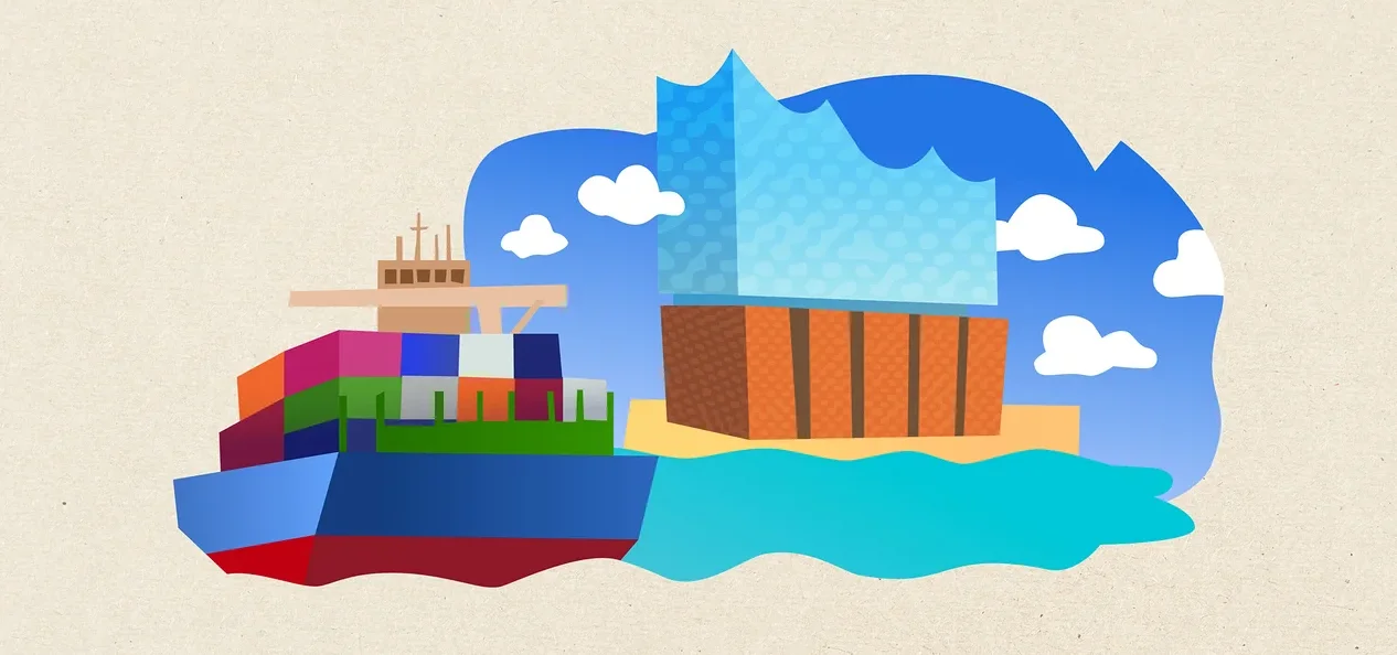 Illustration eines Containerschiffs mit bunten Containern, das an einem Gebäude vorbeifährt, das der Elbphilharmonie ähnelt, mit Wasser und blauem Himmel mit Wolken.