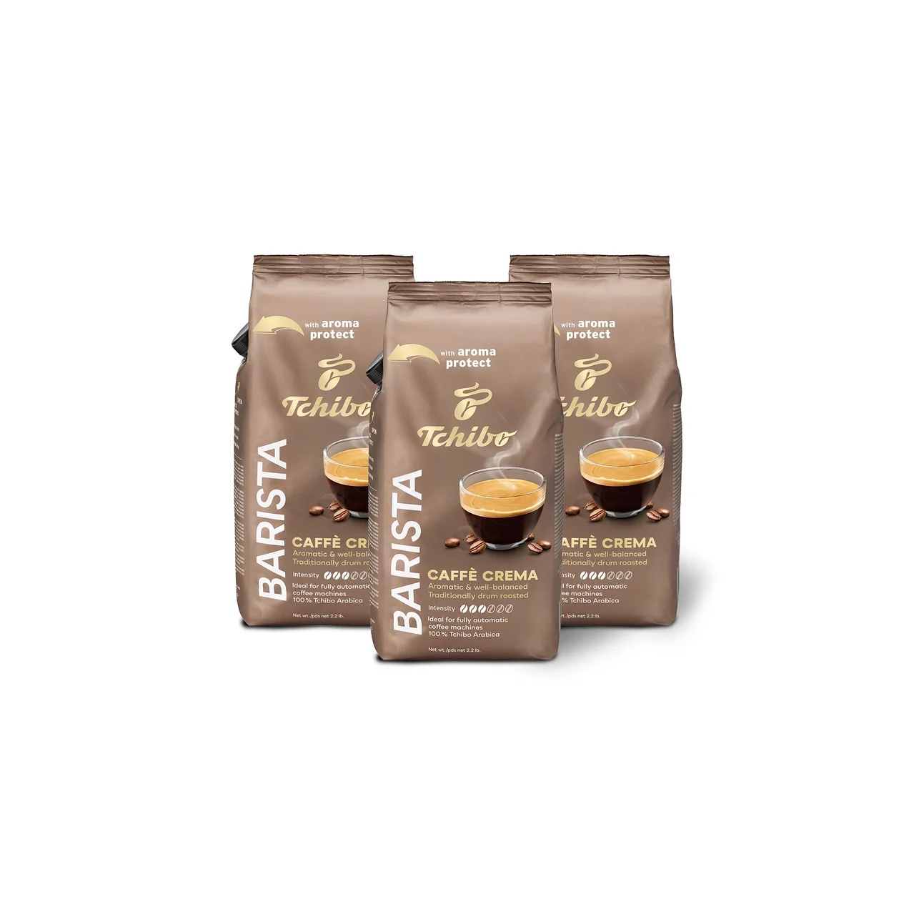 Három csomag Tchibo Barista Caffe Crema kávébab áll egy fehér felületen.