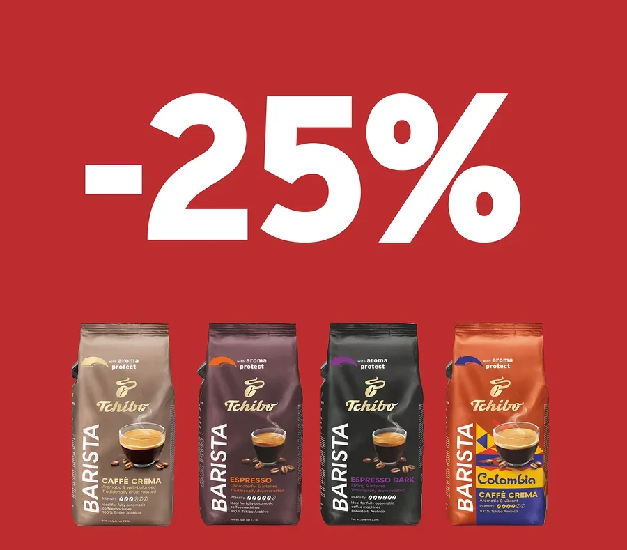 A piros háttéren fehér színnel a „-25%” felirat látható. Alatta négy csomag Tchibo Barista kávé: Caffe Crema, Espresso, Espresso Dark és Colombia Caffe Crema.