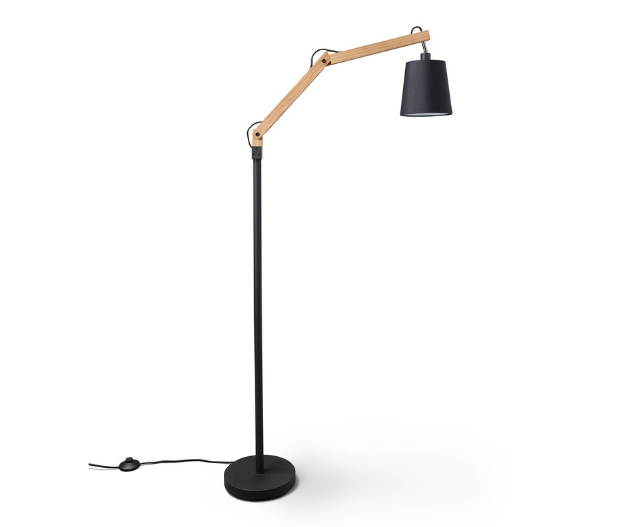 LED-es állólámpa fém/fa fekete színben, fehér háttérrel.