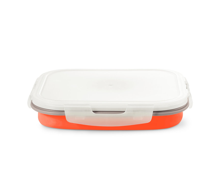 Narancssárga, összehajtható ételhordó doboz, fehér fedővel.