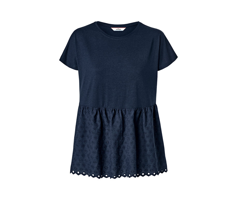 Sötétkék női felső, lyukhímzéssel.