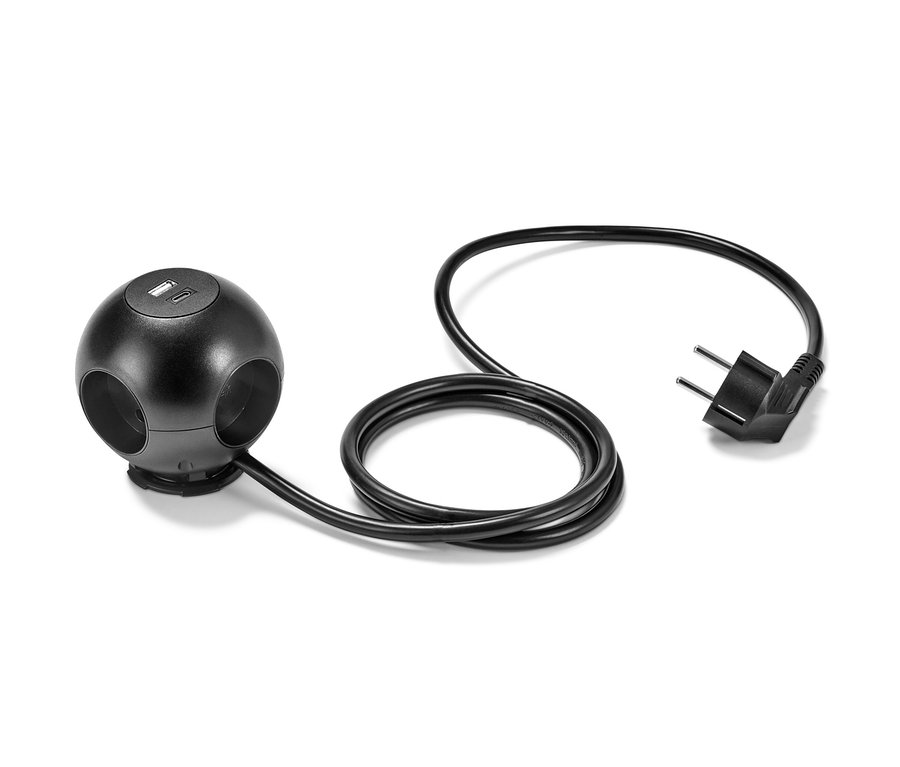 Fekete, gömb formájú hálózati elosztó USB töltő funkcióval és kábellel.