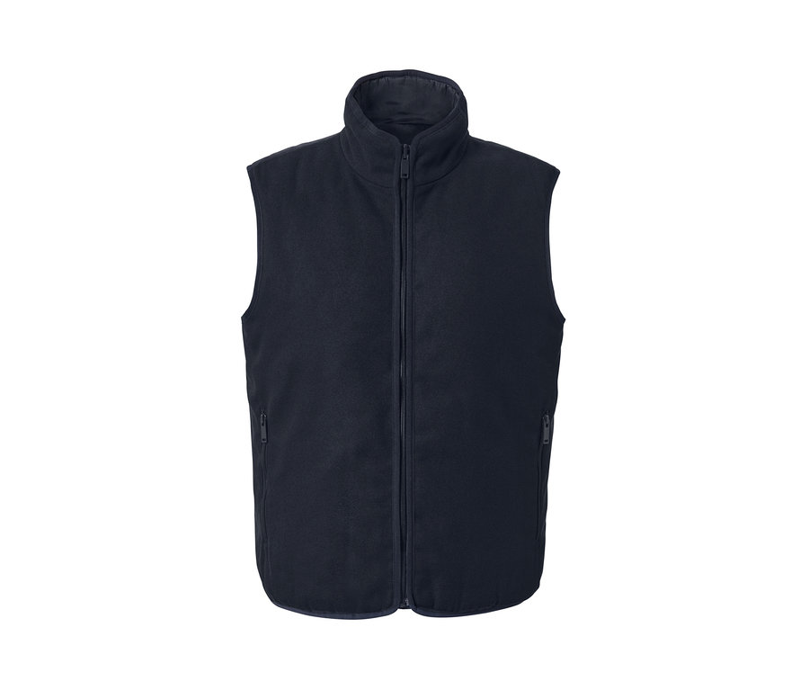 Egy sötétkék férfi kifordítható mellény középen cipzárral.