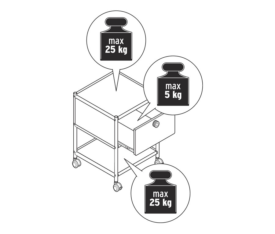 A fém éjjeliszekrény vázlatrajza 25 kg maximális terhelhetőséget mutat a felső és alsó polcokon, illetve 5 kg-ot a fiókban.