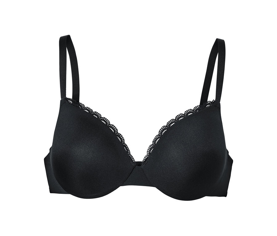 Fekete, kosaras női melltartó csipkével, fehér alapon.