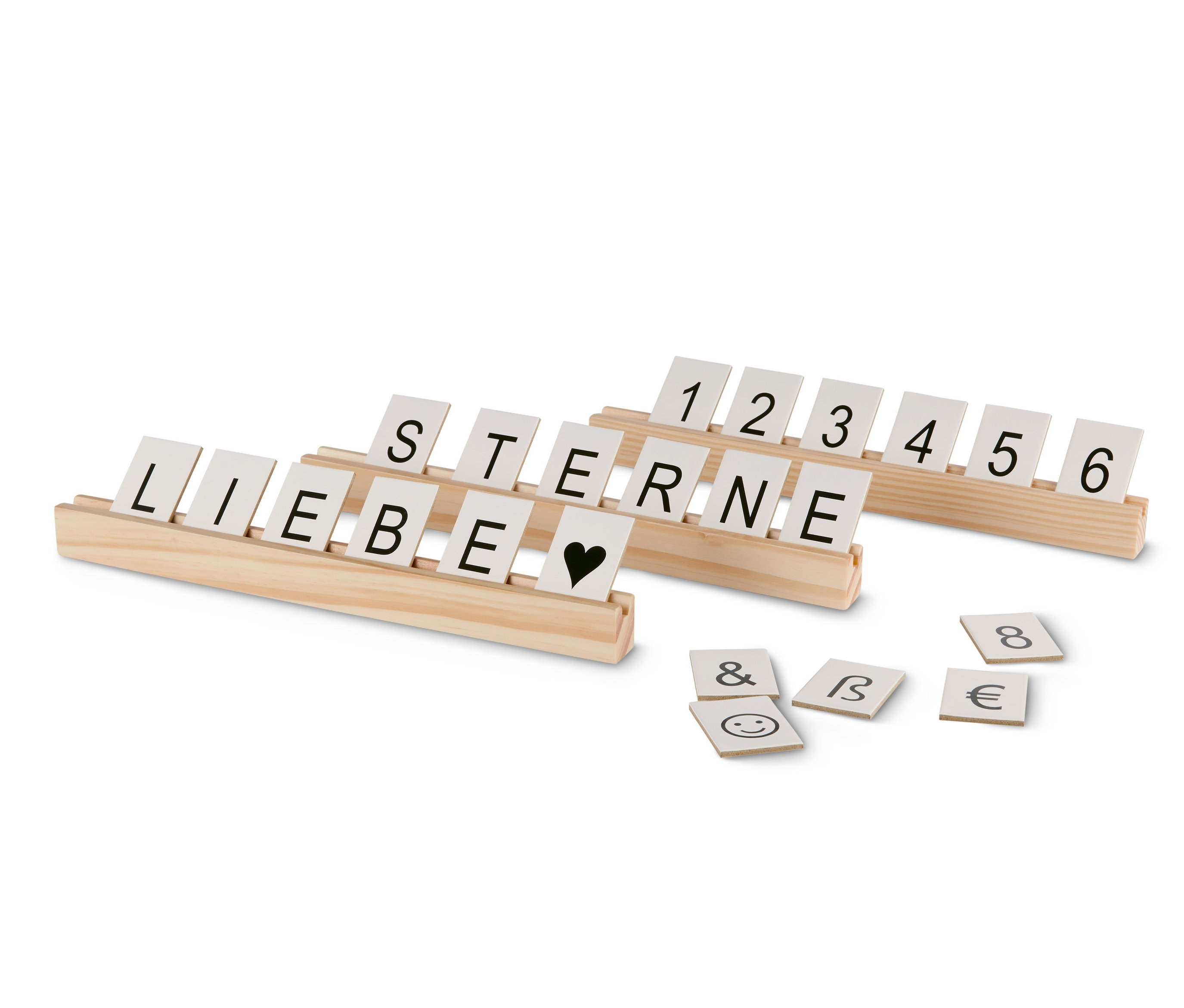 Három darab fa betűtartó sín a Liebe, Sterne szavakkal és 1-től 6-ig számokkal.
