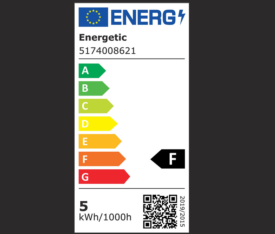 Energiacímke A-tól G-ig terjedő osztályokkal és 5 kWh/1000h fogyasztással.