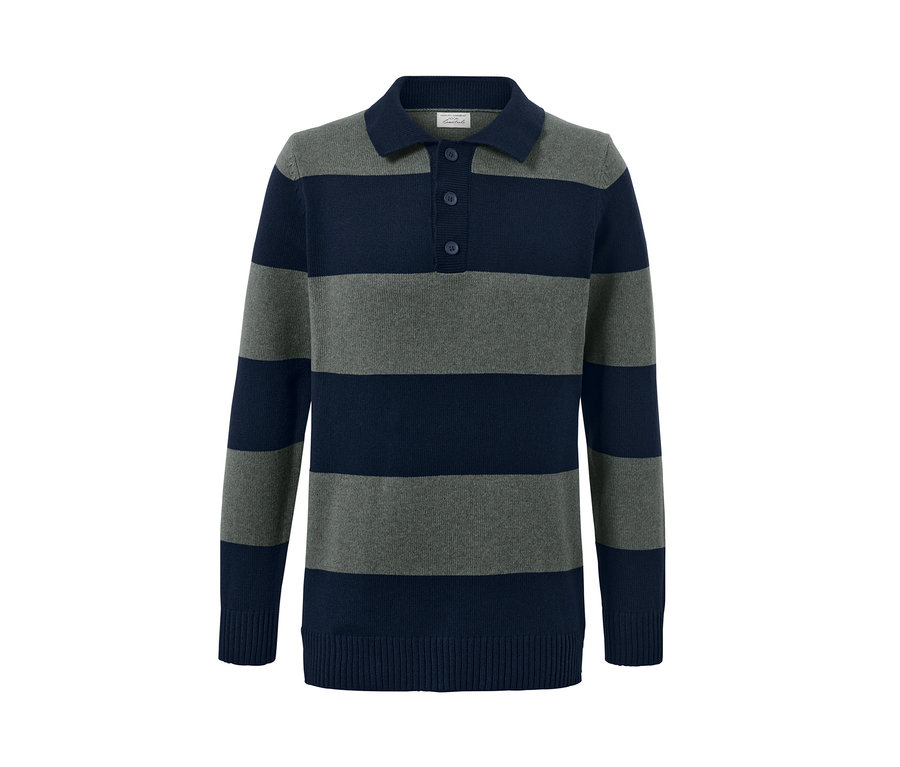 Szürke és sötétkék csíkos galléros pulóver.