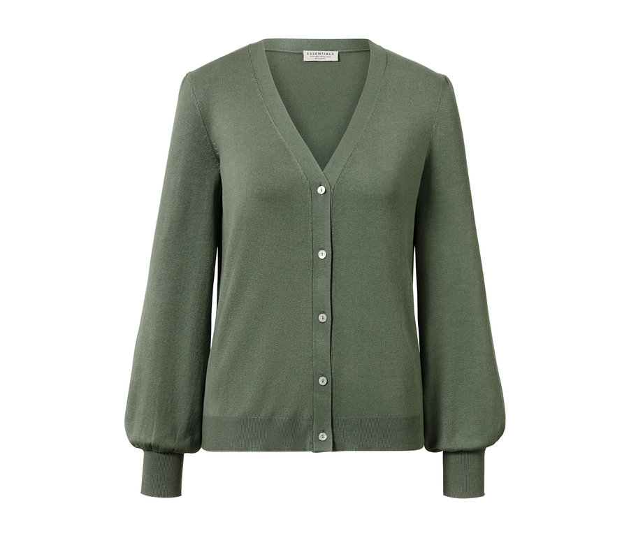 Zöld, finomkötésű kardigán V-nyakkivágással és gombos zárással.