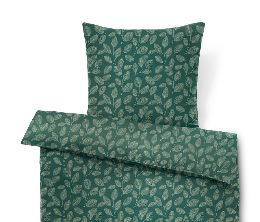 Zöld pamutflanel ágynemű levélmintával, normál és extra méret.