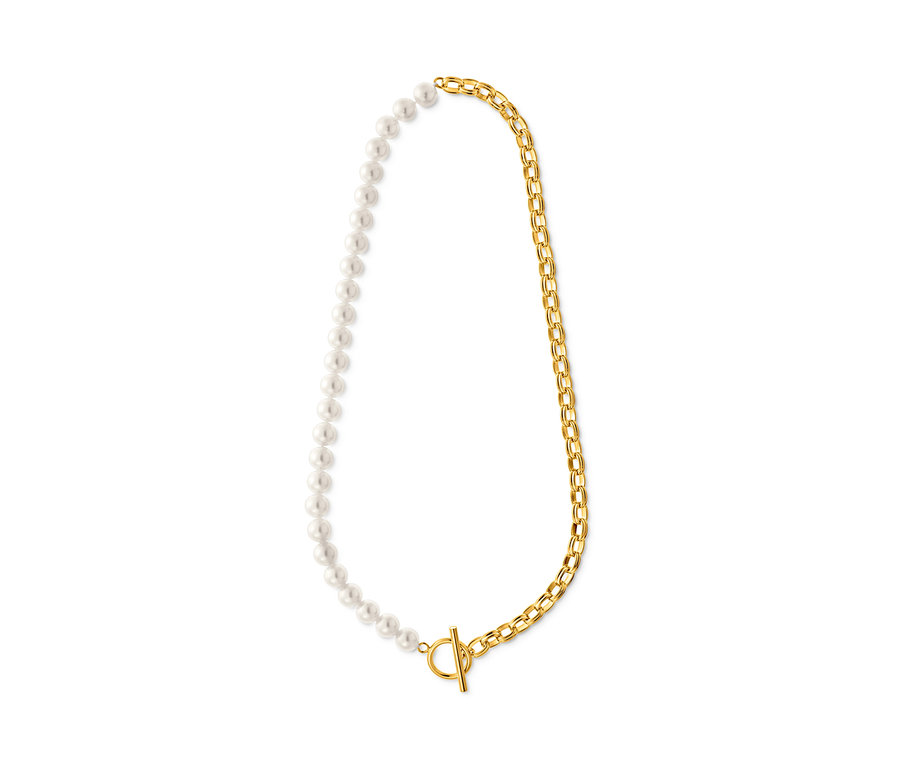 Női nyaklánc, fele gyöngy, fele arany színű lánc.