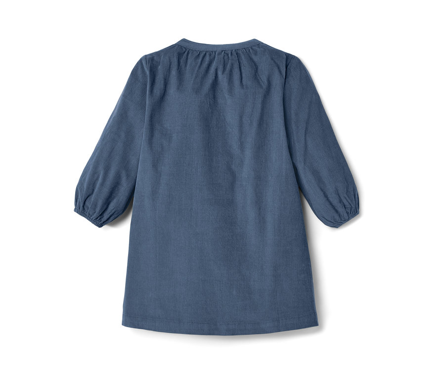 Kék kislány kordbársony ruha, hosszú ujjakkal.