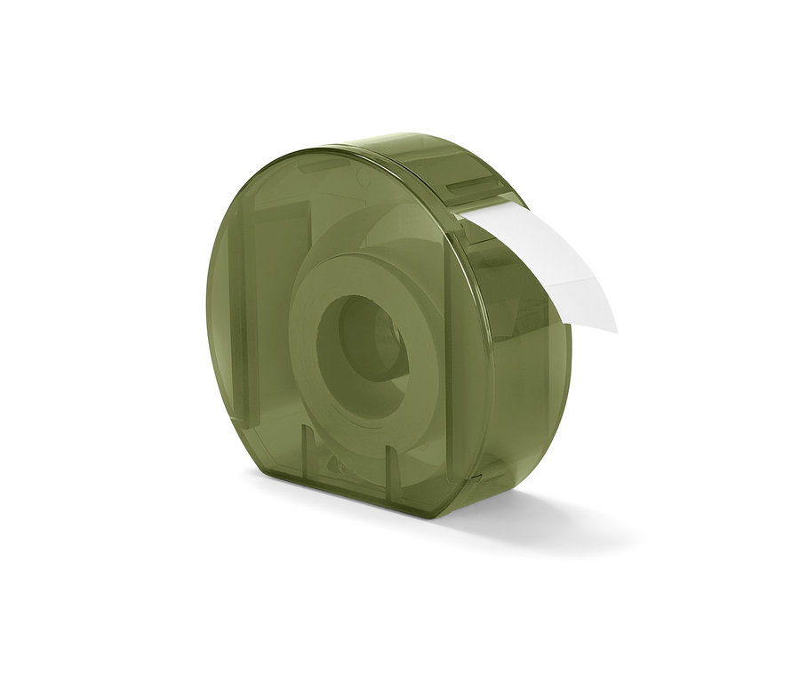 Egy zöld címkeadagoló fehér címkével.