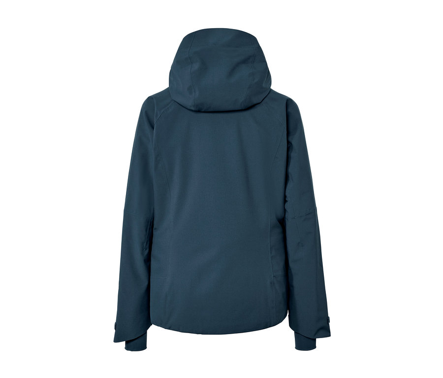 Hátulnézet egy tengerészkék síkabátról kapucnival.