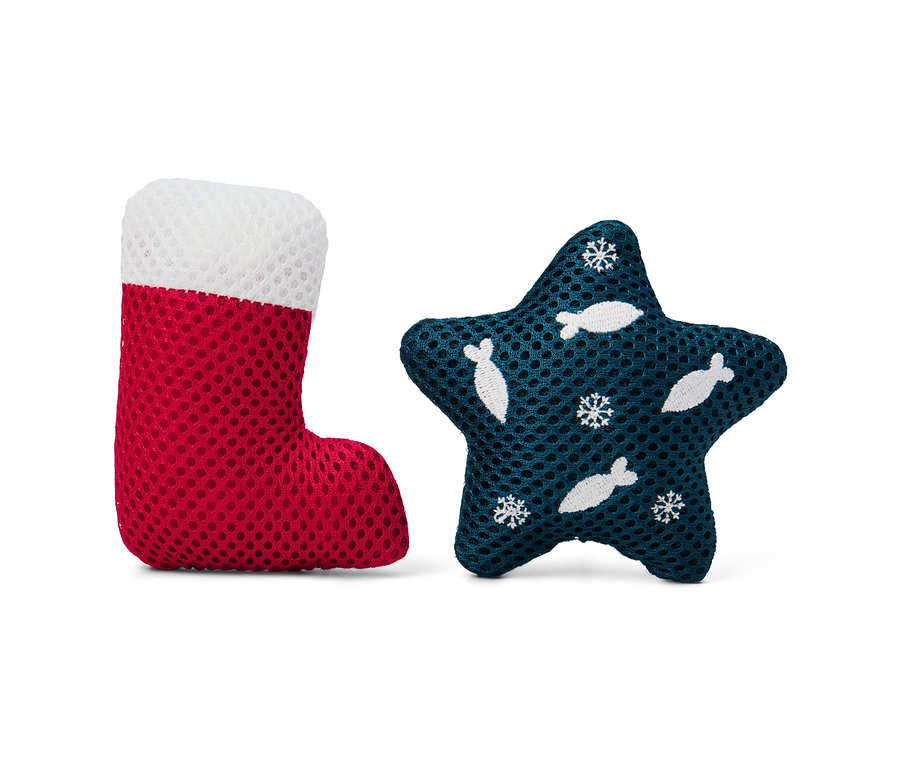 Macskajáték piros zokni és kék csillag formájában.
