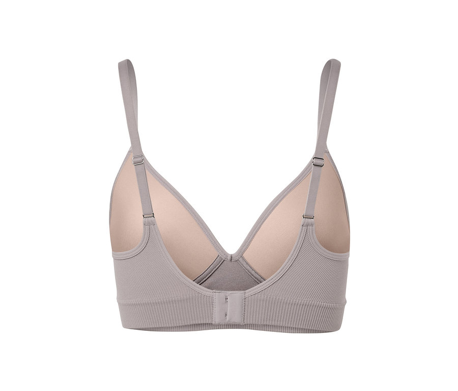 Egy szürke, női seamless puha kosaras melltartó részletének hátsó nézete.