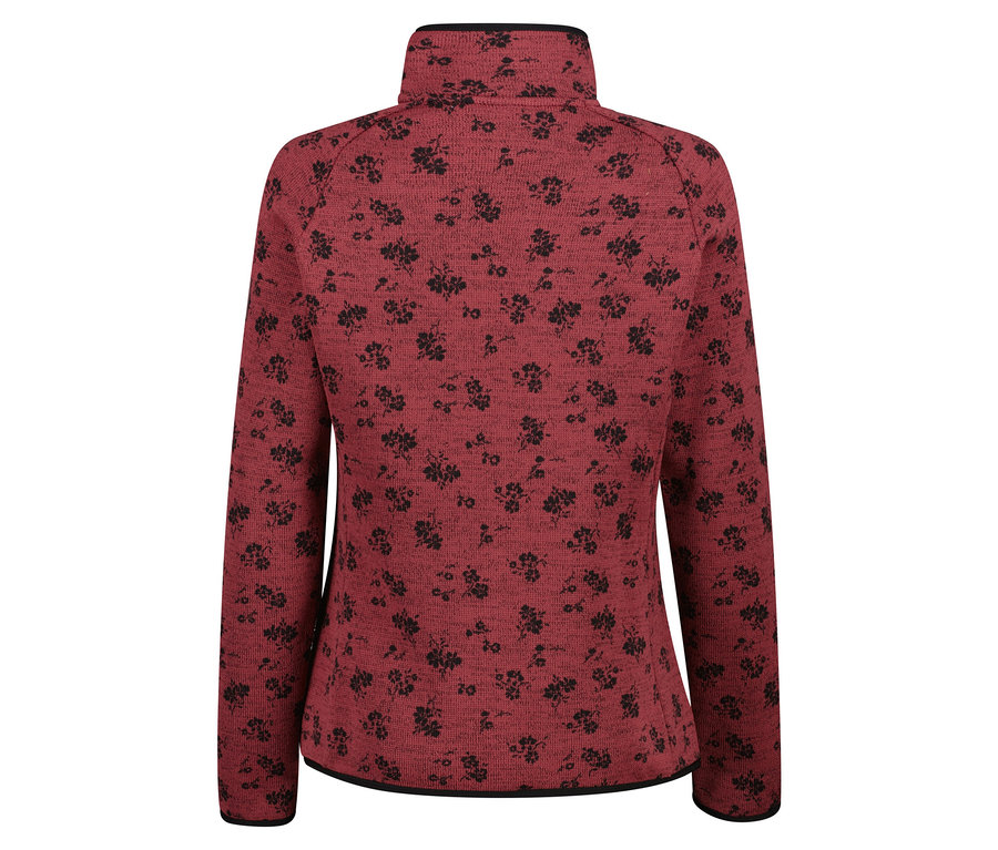 Piros színű, fekete virágmintás fleece kabát, hátulnézet.