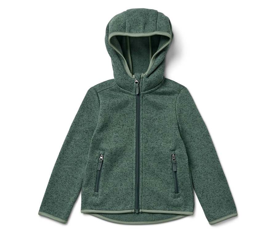 Zöld polár pulóver kapucnival és cipzárral középen.