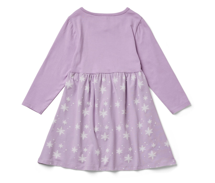 Lila, hosszú ujjú ruha fehér hópehely mintával.