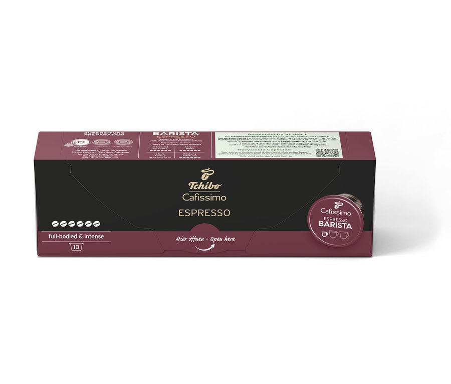 Egy csomag Cafissimo BARISTA Espresso, 10 kapszulával. A csomagolás sötétbarna, fekete középrésszel és Cafissimo ESPRESSO felirattal.