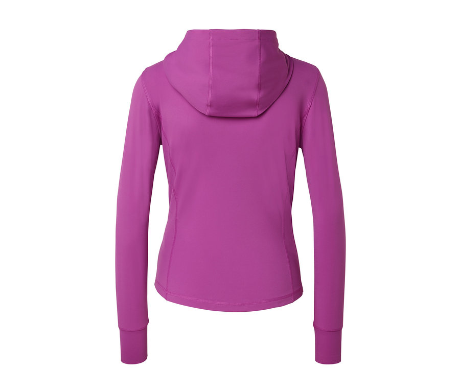 Lila női kapucnis sportfelső hátulnézetből.