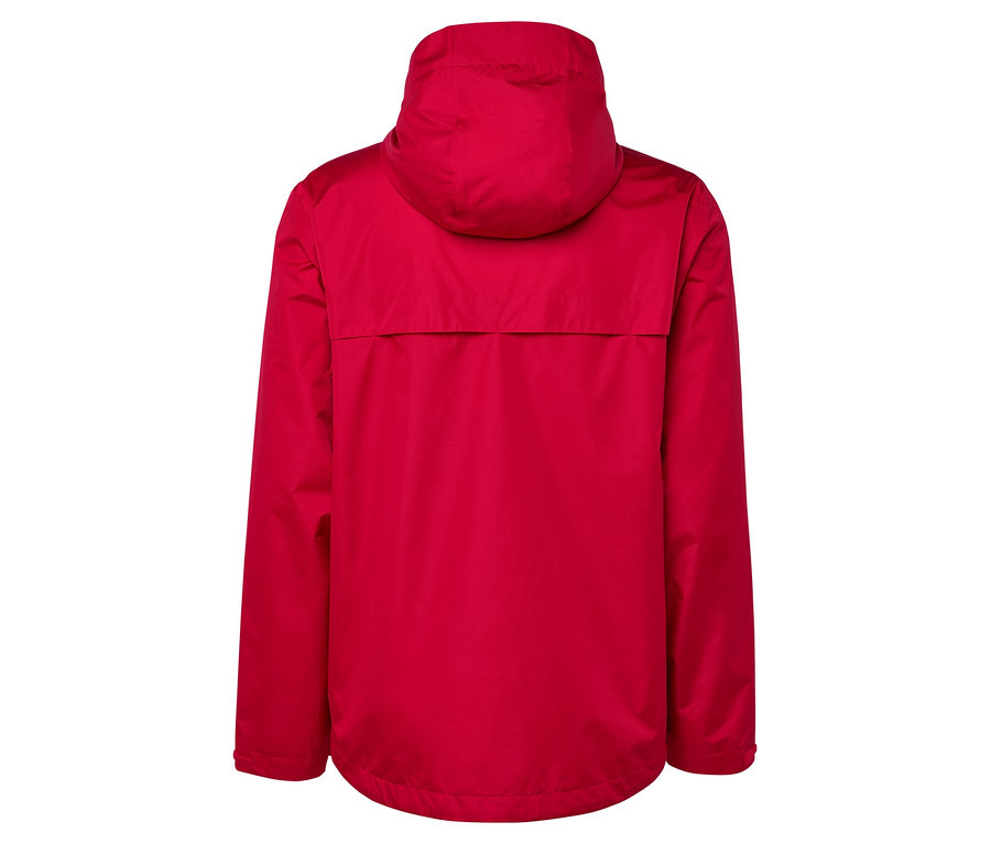 Egy piros, kapucnis kabát hátulnézete.