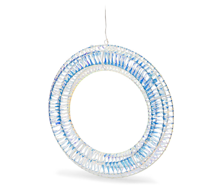 Átlátszó és kék kristályokból készült kör alakú függő dekoráció.