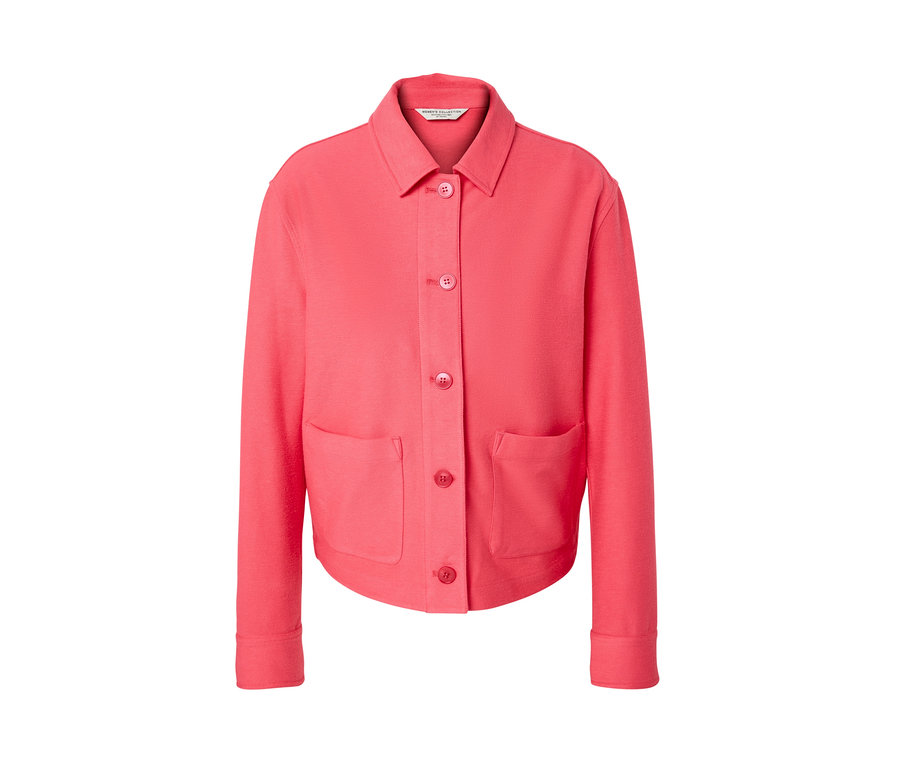 Barackszínű, gombos jersey kabát két zsebbel.