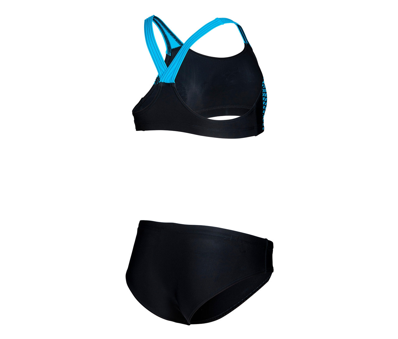 Fekete arena Feel Openings Energy Back gyerekbikini kék pántokkal.
