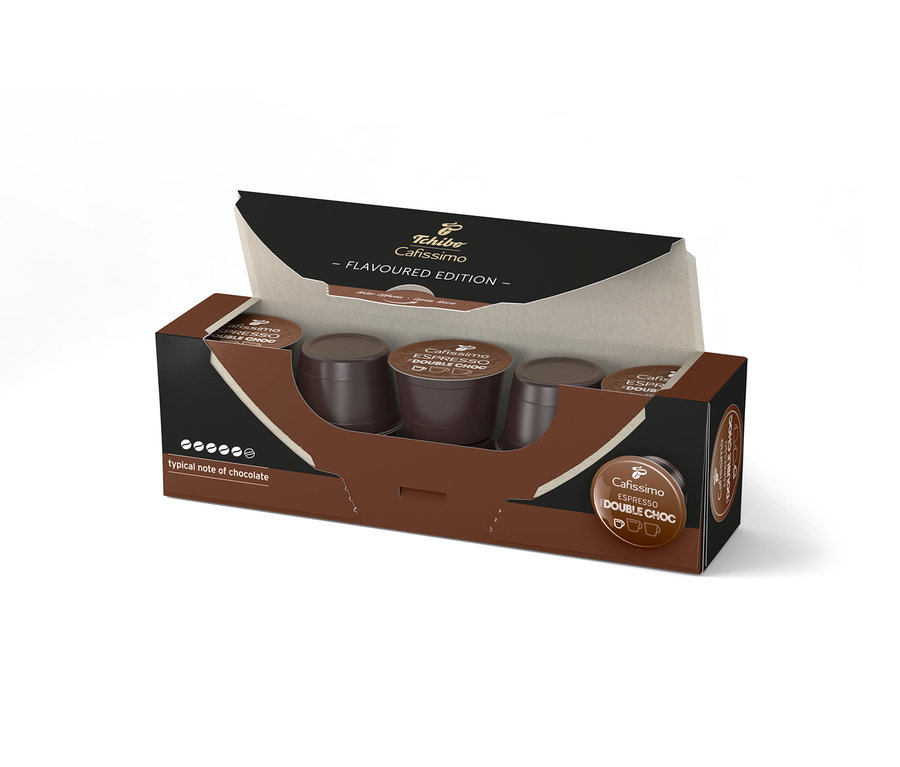 Nyitott Cafissimo Flavoured Espresso – Double Choc kapszulacsomag, kapszulákkal a csomagban.