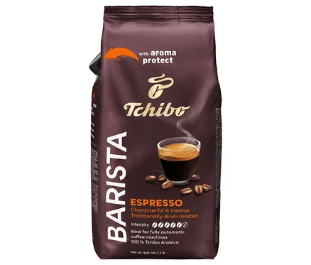 Egy csomag BARISTA Espresso - 1 kg szemes kávé egy csésze eszpresszó képével.