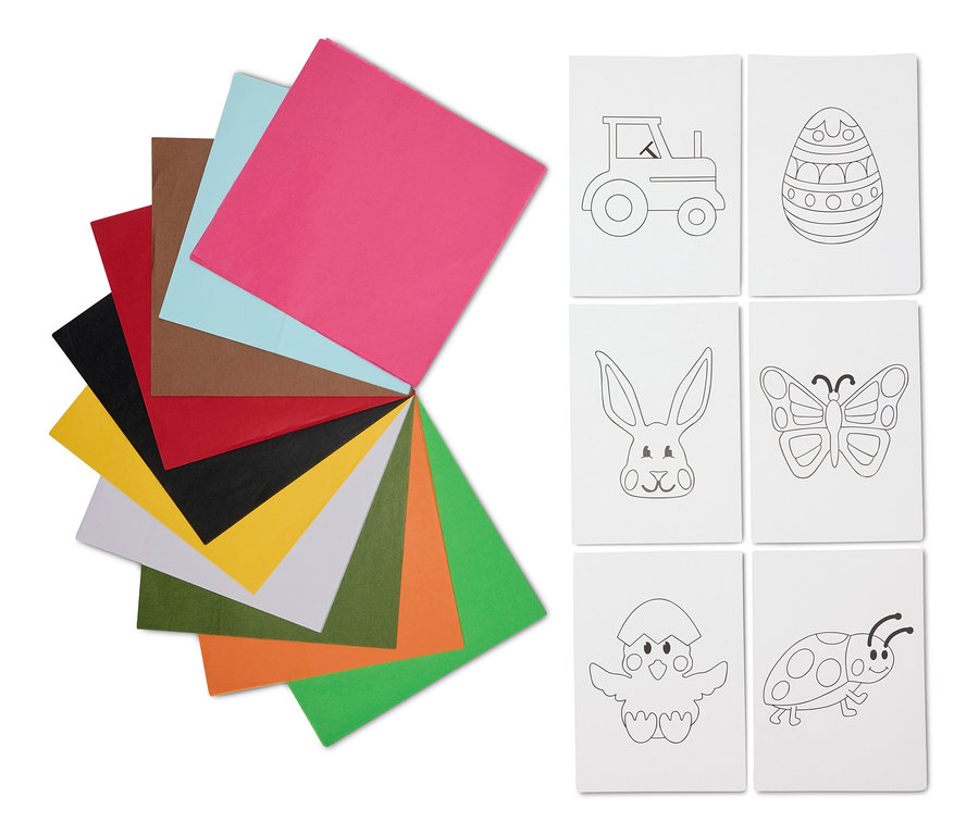 Többszínű kézműves filc balra, hat húsvéti motívum kiszínezéshez jobbra.