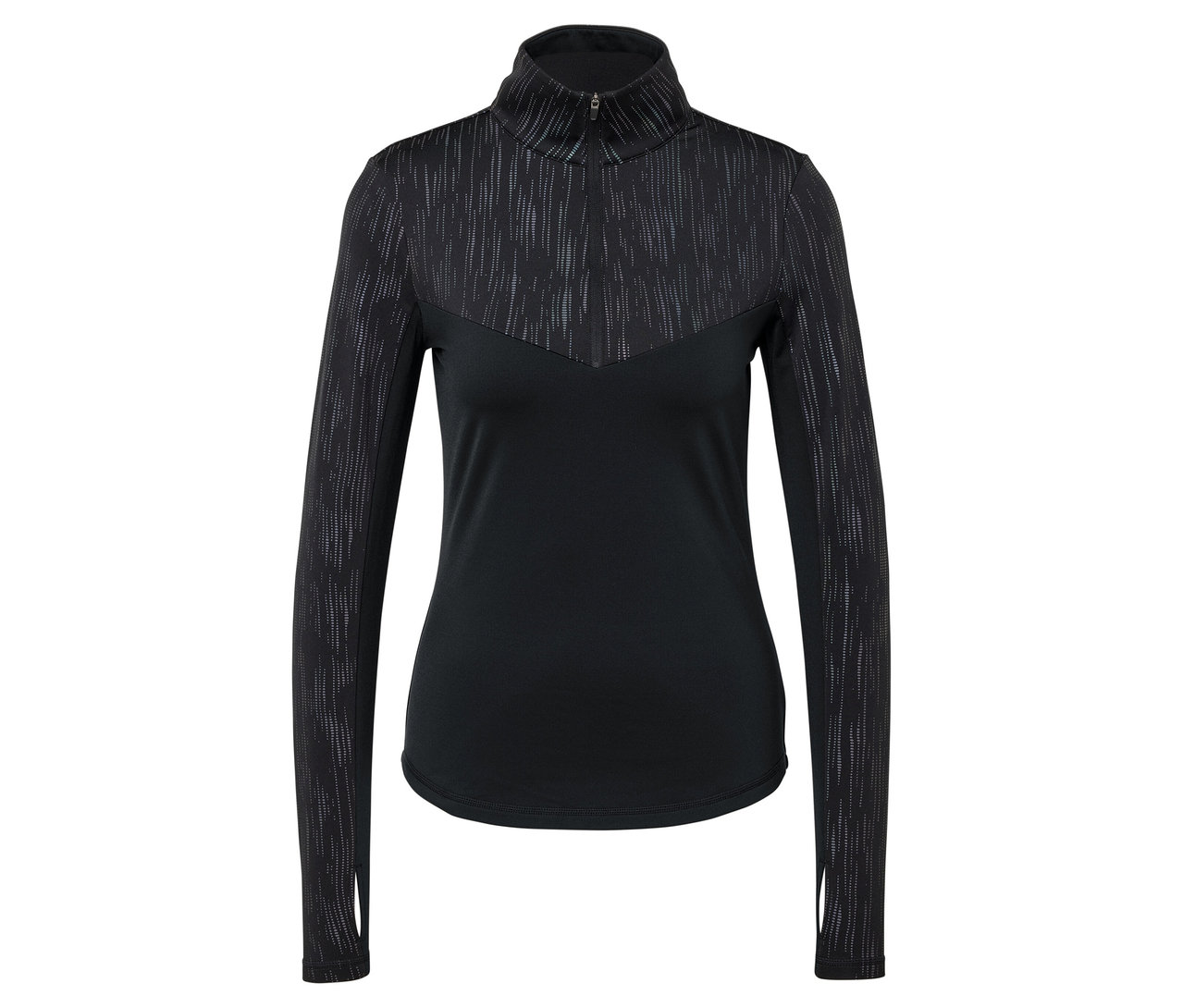 Fekete, hosszú ujjú póló texturált részletekkel a vállakon és a felső részen.