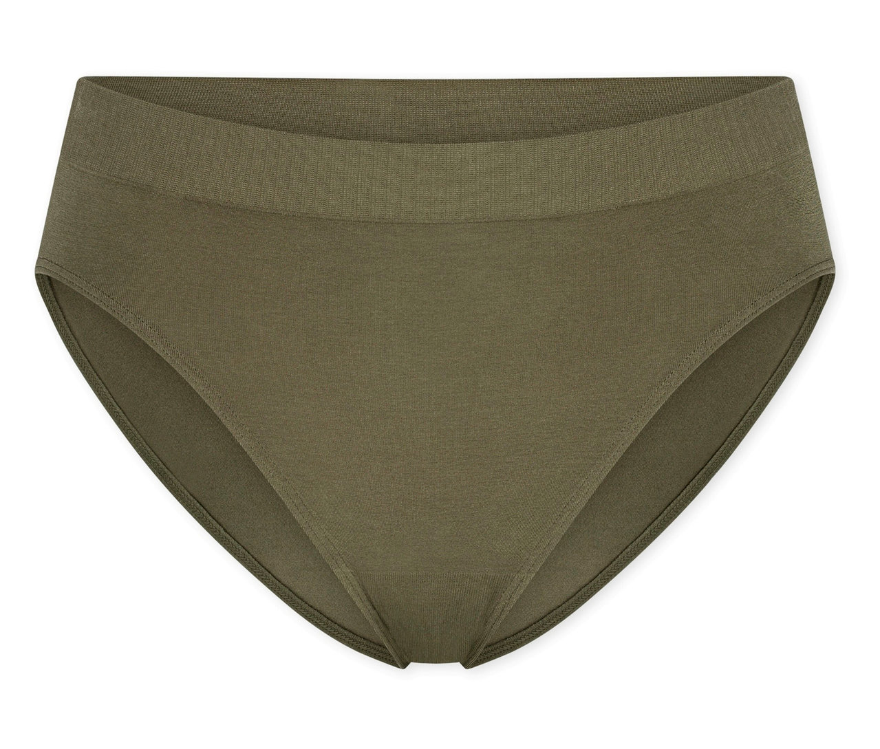 Olivazöld SCHIESSER Rio alsó bordázott derékrésszel, laposan fektetve fehér háttéren.