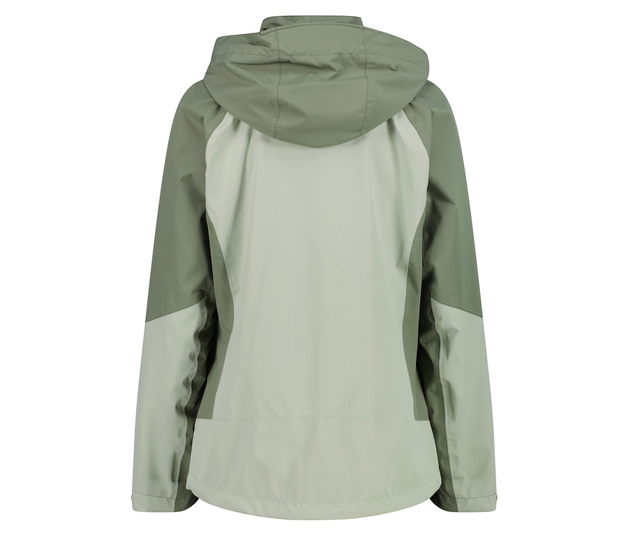 Kapucnis világoszöld és szürke kabát hátulnézete.