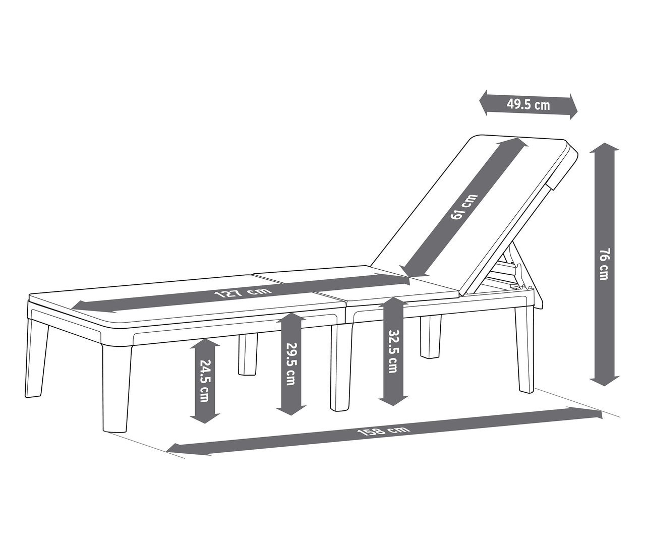 Ábrán látható egy napozóágy méretekkel, centiméterben megadva.