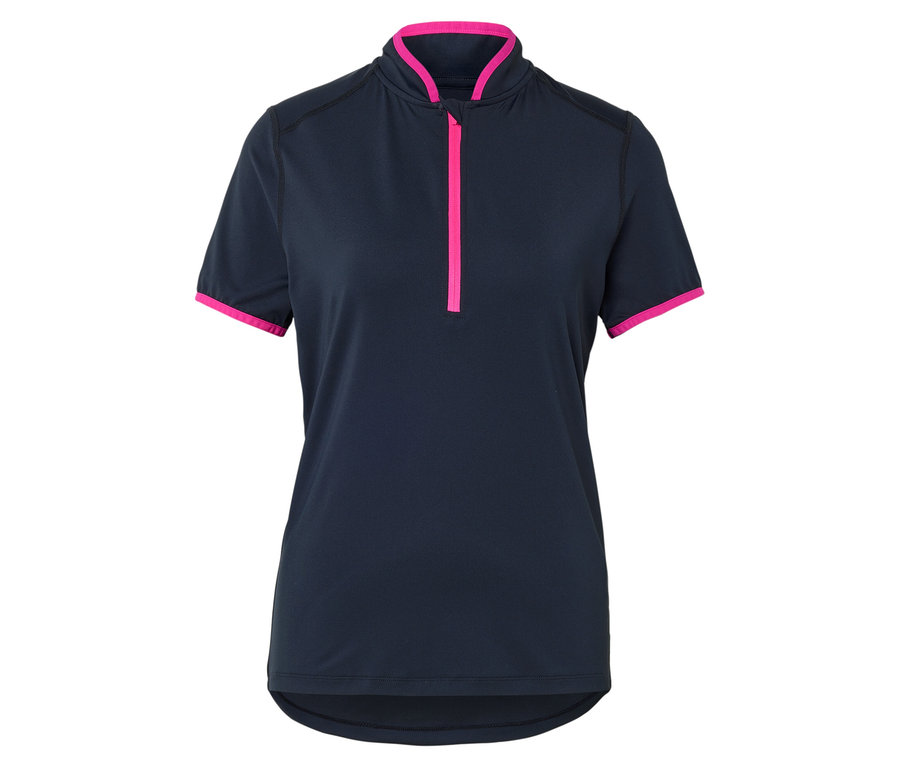 Sötétkék sportfelső rövid ujjakkal és rózsaszín cipzárral.