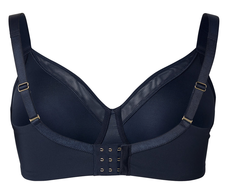 Felülnézet egy tengerészkék melltartóról háromszoros kapcsos zárással.