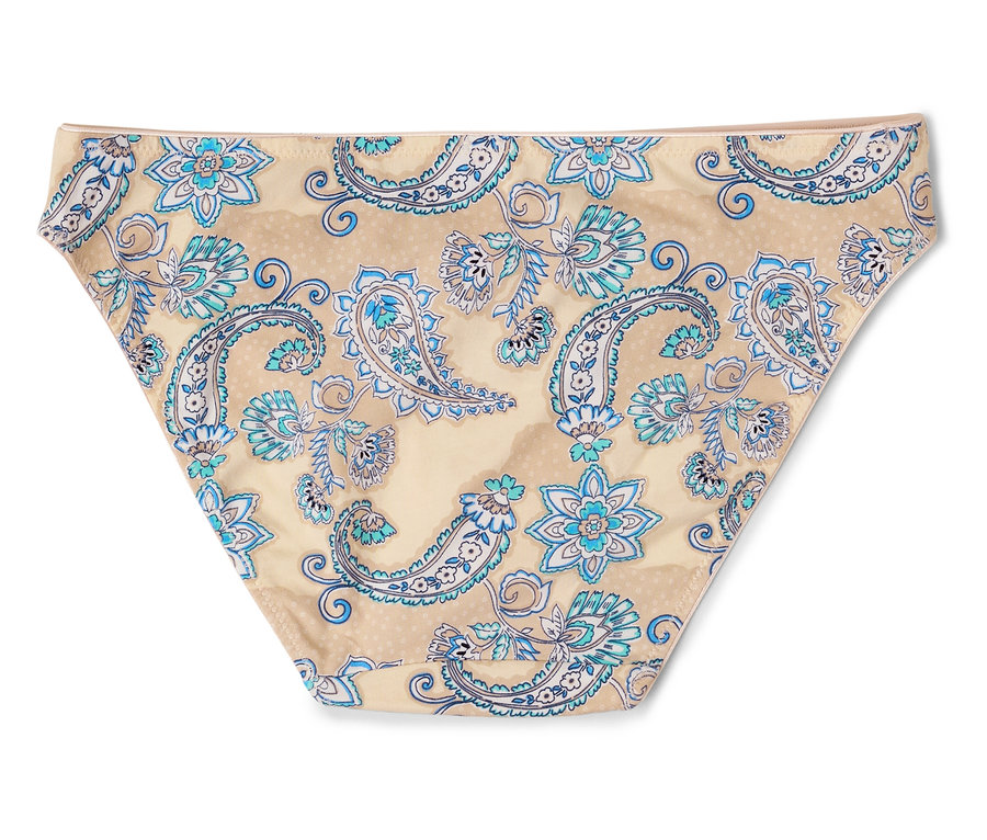 Nadrág kék virágmintával bézs alapon.