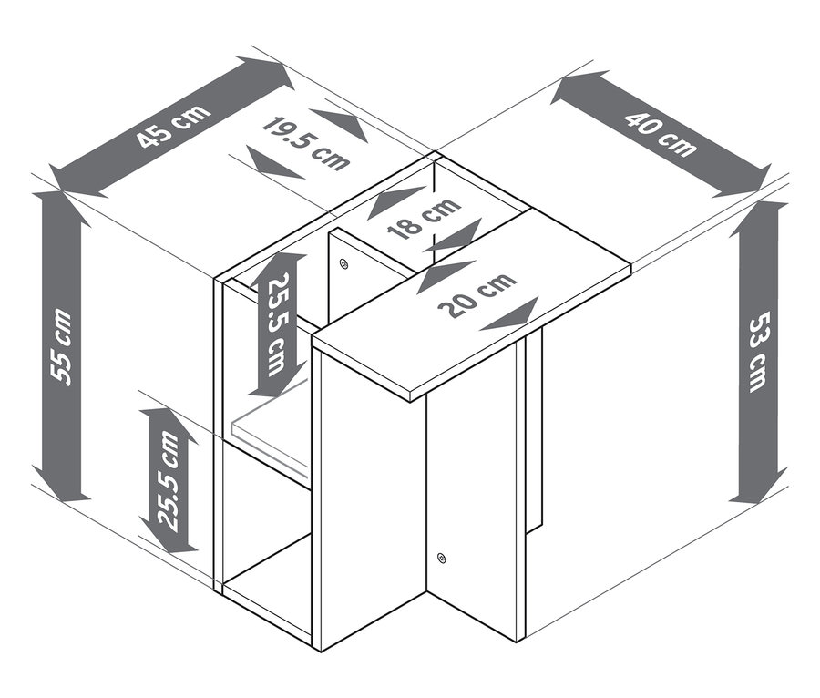 Felülnézet egy fa hatású kisasztalról, méretei 55 x 45 x 40 cm.