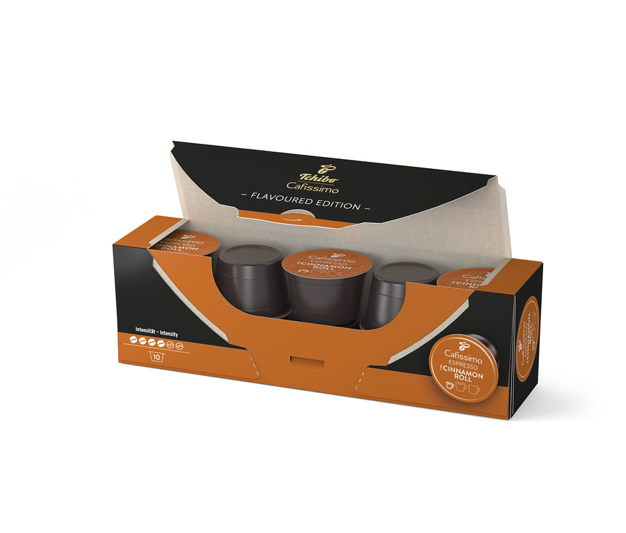 Nyitott csomagolás Cafissimo Flavoured Espresso – Cinnamon Roll – 10 db kávékapszula barna kávékapszulákkal.