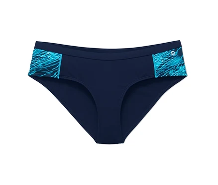 Egy női sport bikinialsó közeli képe, oldalán türkiz mintákkal.