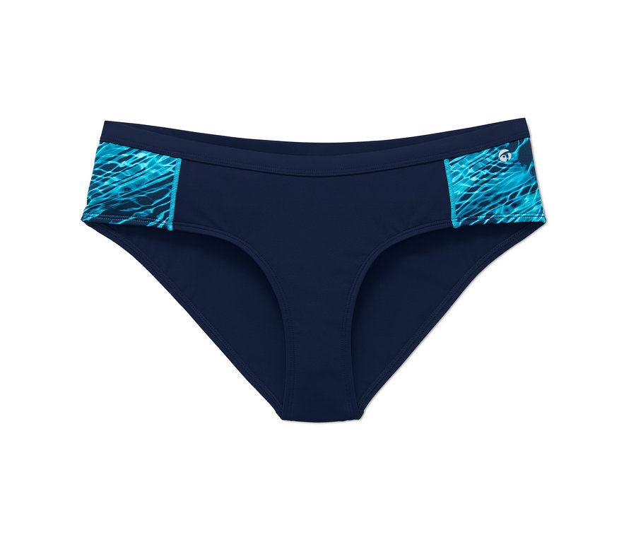 Egy női sport bikinialsó közeli képe, oldalán türkiz mintákkal.