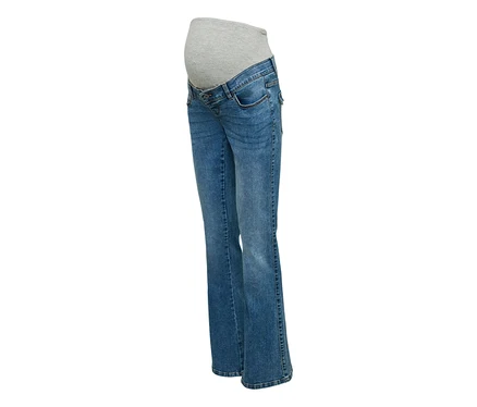 Kék, bővölő szárú MAMALICIOUS Flared Pocket Jeans »KAIRO« farmer szürke kismama panellel.