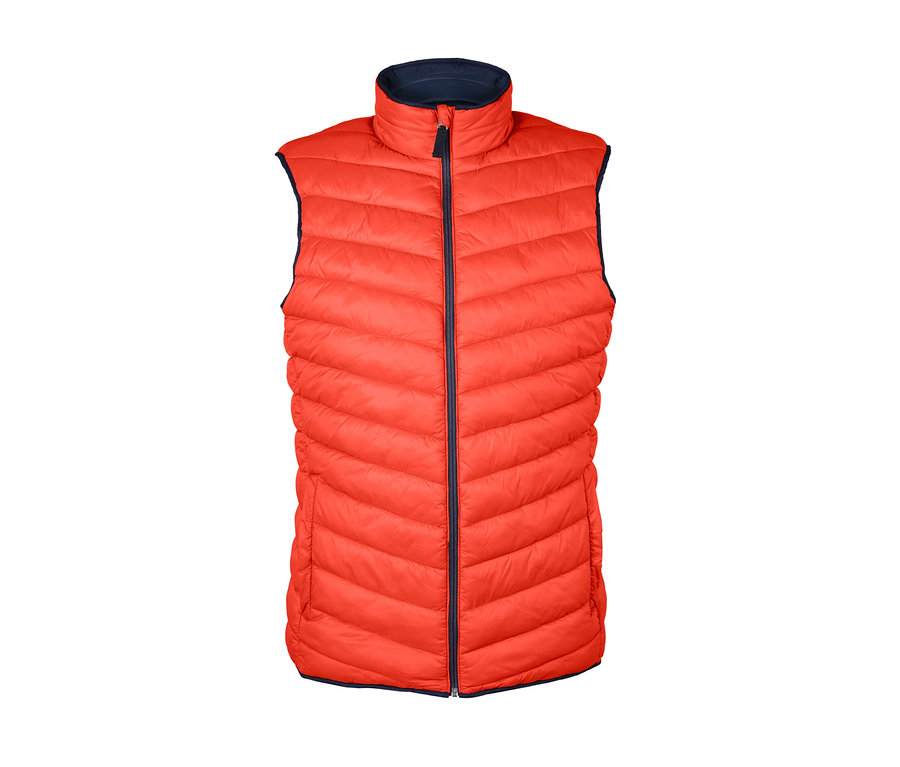 Narancssárga, cipzáros, kifordítható steppelt mellény.