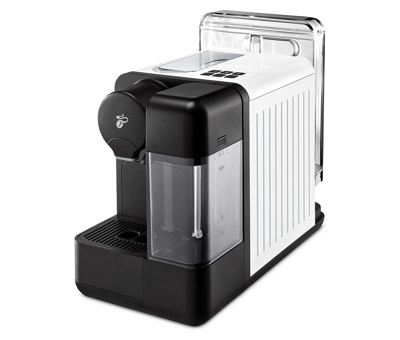 Fekete-fehér Cafissimo milk, fehér kávéfőző elölnézetből.