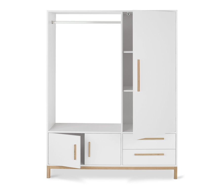 Fehér Eklund ruhásszekrény nyitott ajtókkal és fiókokkal.