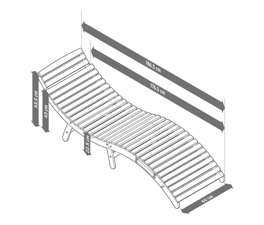Illusztráció egy összecsukható napozóágyról, eukaliptusz, "Lenja" méretekkel.
