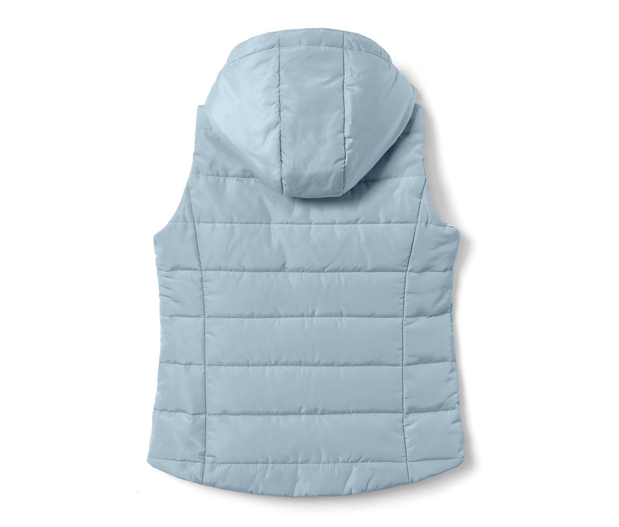 Világoskék, kapucnis lovaglómellény újrahasznosított anyagból, hátulnézet.